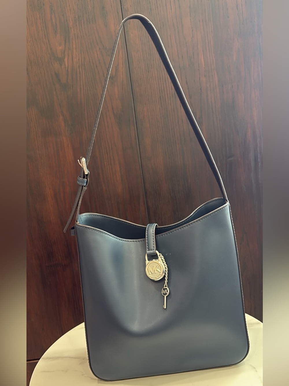 Michael Kors Navy Leather Shoulder Hobo with Gold MK Charm